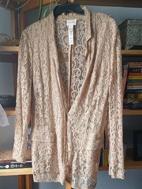 Sz. L - Chico's Nude Beige Lace Open-Front Jacket LIKE NEW!